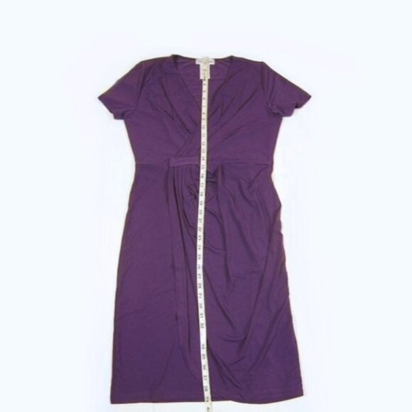 Purple Faux Wrap Dress Medium Slimming Drape Short Sleeve V-neck The Paragon NEW - Picture 8 of 8